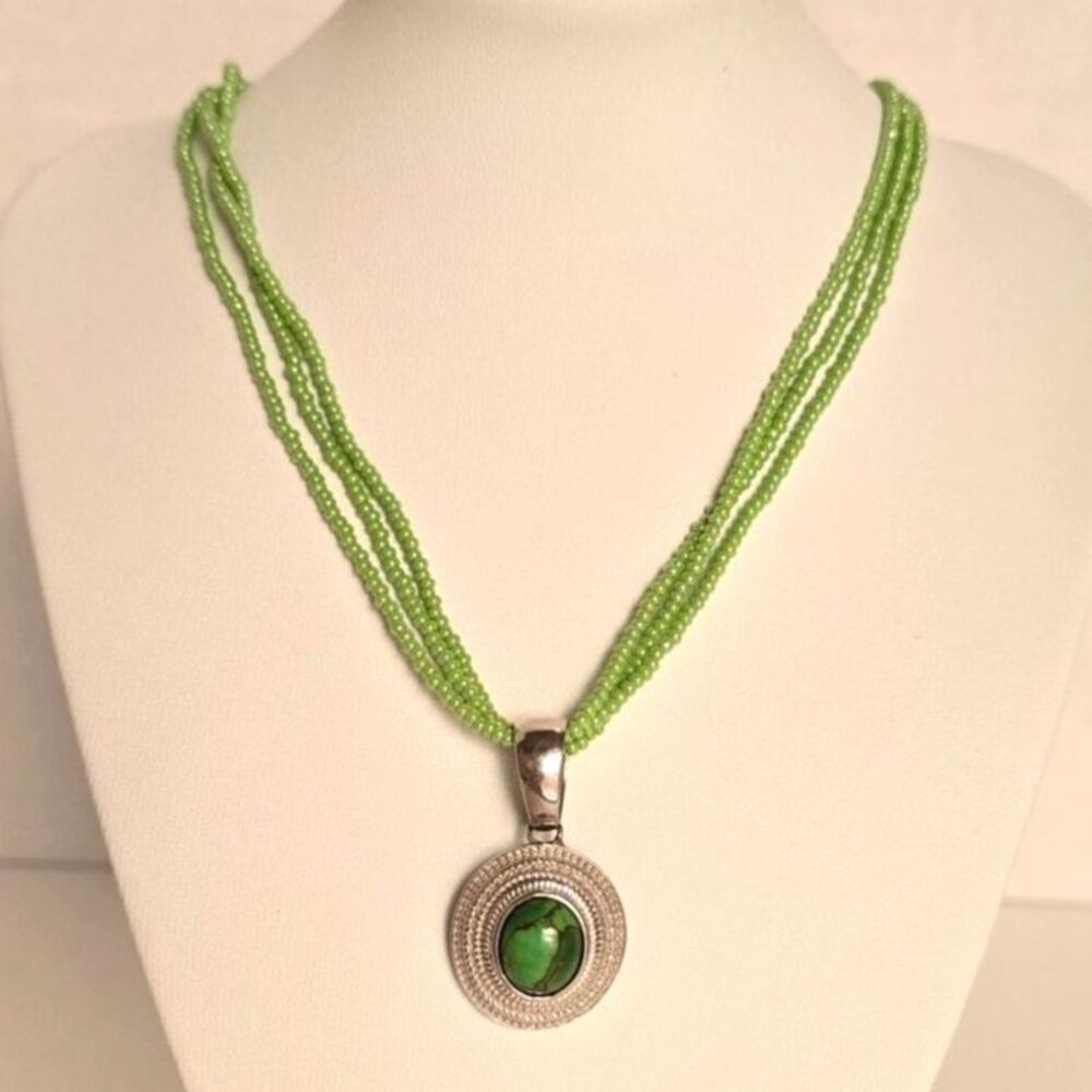 KARIS Stainless Steel Green Stone Pendant Necklace Multi-Strand Beaded NEW